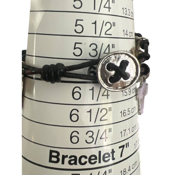 Double Leather Strand Bracelet Silver Gold Tone Cross Dangles Charms Button 6" - Picture 4 of 4